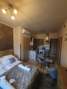Cet appartement comprend une chambre avec un lit et une table ainsi qu'une cuisine. dans l'établissement Harmony apartments, à Mórahalom