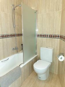 La salle de bains est pourvue de toilettes, d'une baignoire et d'une douche. dans l'établissement Casa de los sueños, à Cadiñanos