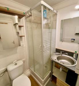 une salle de bain avec une douche, des toilettes et un lavabo dans l'établissement Petite Sygogne - Front de mer & vue château - Cosy, à Dieppe 45 autres photos