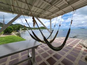 eine Hängematte auf einer Veranda mit Blick auf das Wasser in der Unterkunft Posada Old Town Bay in Providencia