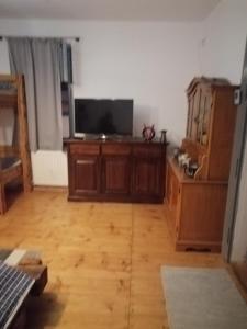 ein Wohnzimmer mit einem Flachbild-TV und Holzböden in der Unterkunft Chostello Ecomis Rustik in Sibiu