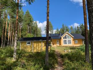 una cabaña de madera en el bosque con árboles en Villa Lilian, en Ähtäri