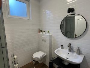 bagno con servizi igienici, lavandino e specchio di Apartman Mr Guest Krapina a Krapina
