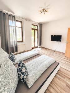 a bedroom with two beds and a flat screen tv at Zentrum, 2R, Balkon, WiFi, 4P, modern, ruhig in Chemnitz
