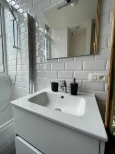 een witte badkamer met een wastafel en een spiegel bij Bohemian 2BDR apartment Antwerp Center in Antwerpen