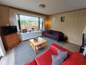 a living room with a red couch and a tv at Chalet Bosrust in Wolfheze