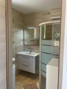 bagno con lavandino e specchio di Chalet Cocoon a Laroque