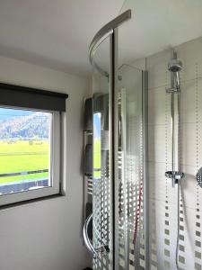 a shower in a bathroom with a window at Peters Panoramaappartment in Piesendorf