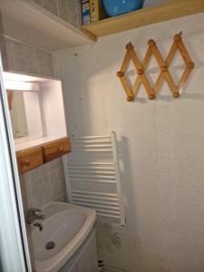een kleine badkamer met een wastafel en een spiegel bij Résidence les étoiles in La Foux