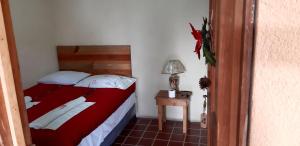 1 dormitorio con 1 cama y 1 mesa con lámpara en Hospedaje Eli Panajachel, en Panajachel
