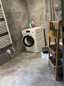 Hopfgarten in DefereggenにあるHaus Waldblickのバスルーム(シャワー付)の洗濯機が備わります。