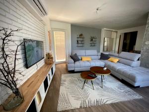 ein Wohnzimmer mit einem Sofa und einem TV in der Unterkunft Très bel appartement central, au calme avec balnéo in Perpignan