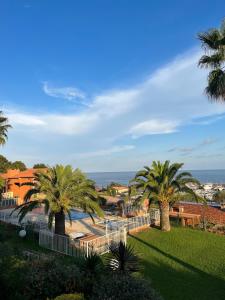 een uitzicht op een resort met palmbomen en de oceaan bij Appartement avec vue mer et piscine in Théoule-sur-Mer