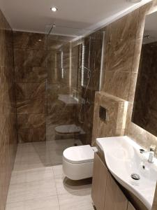 uma casa de banho com um WC, um lavatório e um chuveiro em Lindos Villa Euphoria em Lindos