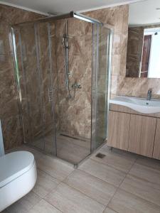 een badkamer met een douche, een toilet en een wastafel bij Lindos Villa Euphoria in Lindos