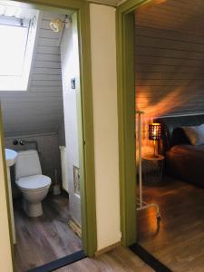 a bathroom with a toilet and a bed in a room at Csendes Vendégház, Families, Hikers & Bikers in Cserszegtomaj