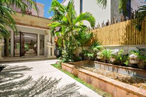 a house with a courtyard with palm trees and a fence at Estudio Casa Jaguar in Puerto Aventuras