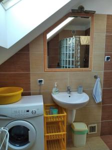 a bathroom with a sink and a washing machine at bliźniak-apartamenty in Rowy