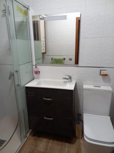 a bathroom with a sink and a toilet and a mirror at Apartamento turístico en el centro de Benavente in Benavente