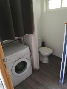 a bathroom with a washing machine and a toilet at Petite maison et son jardinet en Village. in Puisserguier