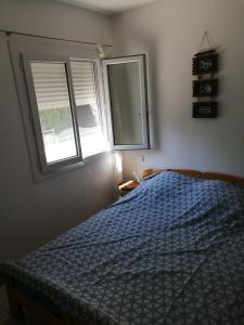 a bedroom with a blue bed and two windows at Petite maison et son jardinet en Village. in Puisserguier
