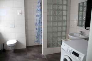 ein Badezimmer mit einem Waschbecken und einer Waschmaschine in der Unterkunft Ferienwohnung Philippstraße 35 in Meerane