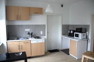 eine kleine Küche mit einer Spüle und einer Mikrowelle in der Unterkunft Ferienwohnung Philippstraße 35 in Meerane