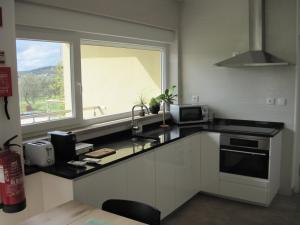 een keuken met een wastafel, een magnetron en een raam bij Casas nas Hortas 