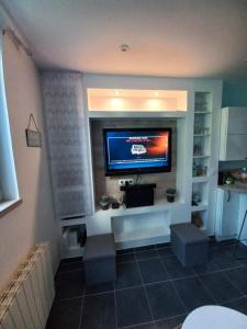 a living room with a flat screen tv on a wall at Le secret de la Glycine in Lillebonne