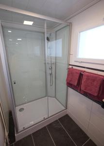 a glass shower in a bathroom with red towels at Lake Getaway Apartment with Private entrance, right on the Lake Constance cycle path, barbecue area, free wifi, Netflix and free bikes in Salmsach