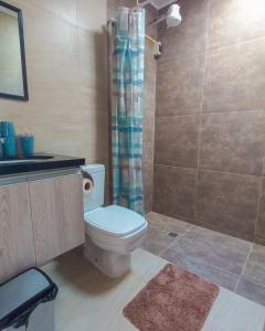 a bathroom with a toilet and a shower at Sun Cottage - Mar Adentro in Santa Cruz de la Sierra