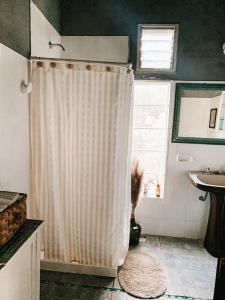 a bathroom with a shower curtain and a sink at Casa Chichipio in Tigre +6 photos