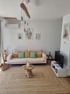 salon z kanapą i telewizorem w obiekcie Villa das Alfarrobas Cosy Guest House w mieście Algoz