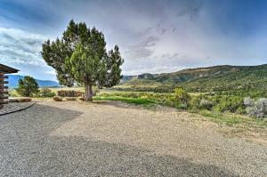 an empty road with a tree and mountains in the background at Sprawling Mountain-View Cabin 5 Mi to Mesa Verde in Mancos