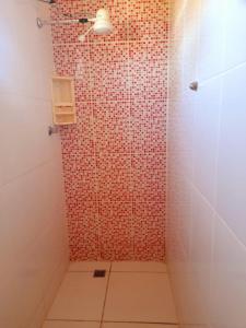 a bathroom with a shower with a red tile wall at Hotel 3 irmaos in Três Marias