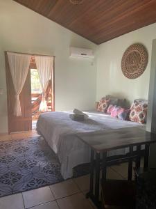 a bedroom with a bed and a table and a window at Pousada Fênix in Pirenópolis