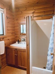 a bathroom with a shower and a sink and a refrigerator at Barefoot Bungalow in Bicheno