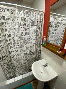 La salle de bains est pourvue d'un lavabo et d'un rideau de douche. dans l'établissement Konkashken Lodge, à Torres del Paine