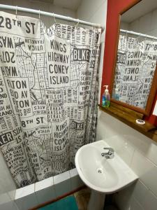 a bathroom with a sink and a shower curtain at Konkashken Lodge in Torres del Paine