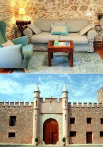 duas imagens de uma sala de estar com um castelo em Masía de San Juan, casa rural renovada en Castillo con piscina y Aire Acondicionado em Segorbe