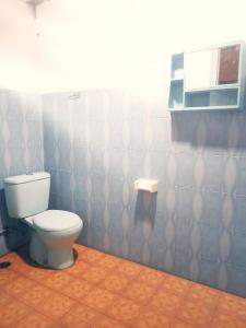 a bathroom with a toilet and a tiled wall at Raffiel Nias in Lagudri