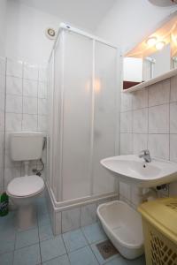 La salle de bains est pourvue d'une douche, de toilettes et d'un lavabo. dans l'établissement Apartments with a parking space Sukosan, Zadar - 6332, à Sukošan