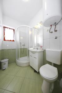 ein Bad mit einem WC, einem Waschbecken und einer Dusche in der Unterkunft Apartments by the sea Sukosan, Zadar - 6229 in Sukošan
