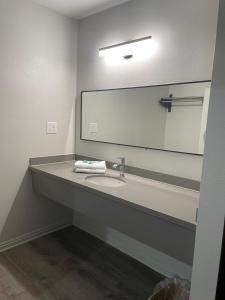 a bathroom with a sink and a large mirror at Lemon Tree Motel in Pomona