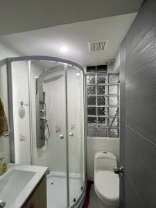 y baño con ducha, aseo y lavamanos. en Lugar acogedor y muy central en Medellin, en Medellín