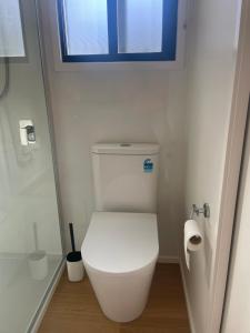 a white toilet in a bathroom with a window at Family Tiny River House in Richmond