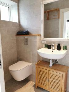 ein Badezimmer mit einem Waschbecken, einem WC und einem Spiegel in der Unterkunft The Cherry Apartment - 'Den Gule Svane' Guest House near Rønne & Beach in Rønne