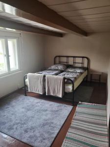 Schlafzimmer mit einem Bett, einem Fenster und einem Teppich in der Unterkunft Mika's Haus in Luftkurort Lückendorf