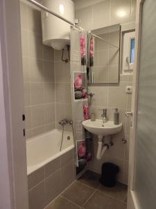 a small bathroom with a sink and a tub and a toilet at Panorama Apartment in Sveti Juraj +16 photos