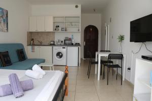 ein Zimmer mit einem Bett und eine Küche mit einem Tisch in der Unterkunft Apartment in Kato Pafos & 10 min to Venus beach in Paphos City